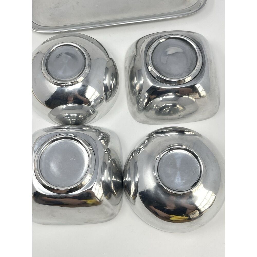 Pottery Barn Barona Condiment Snack Tray Bowls Square Silver Aluminum Party Set - Picture 3 of 5